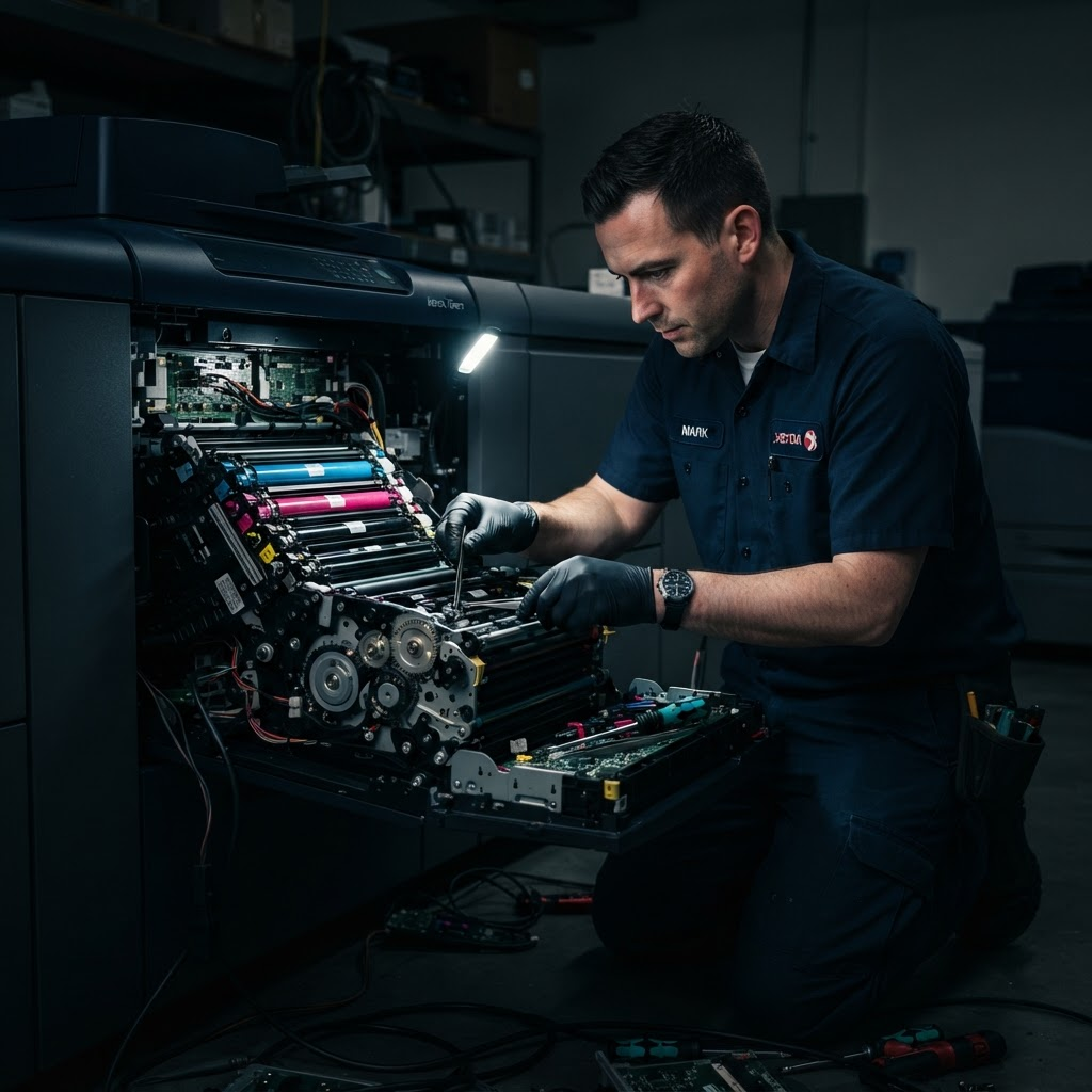 Certified technician servicing a printer